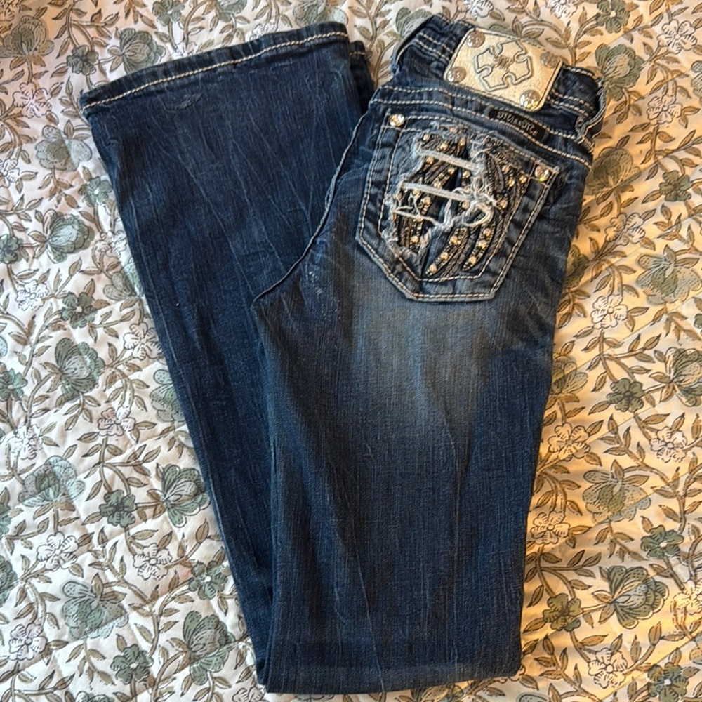 Miss Me Blue Jeans with Decorative Stitching & Distressed Details Wings